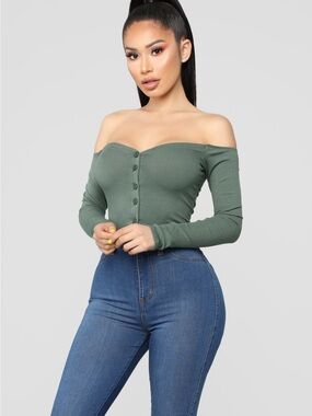 Fashion Nova Olive Green Off-Shoulder Ribbed Button Long Sleeve Top